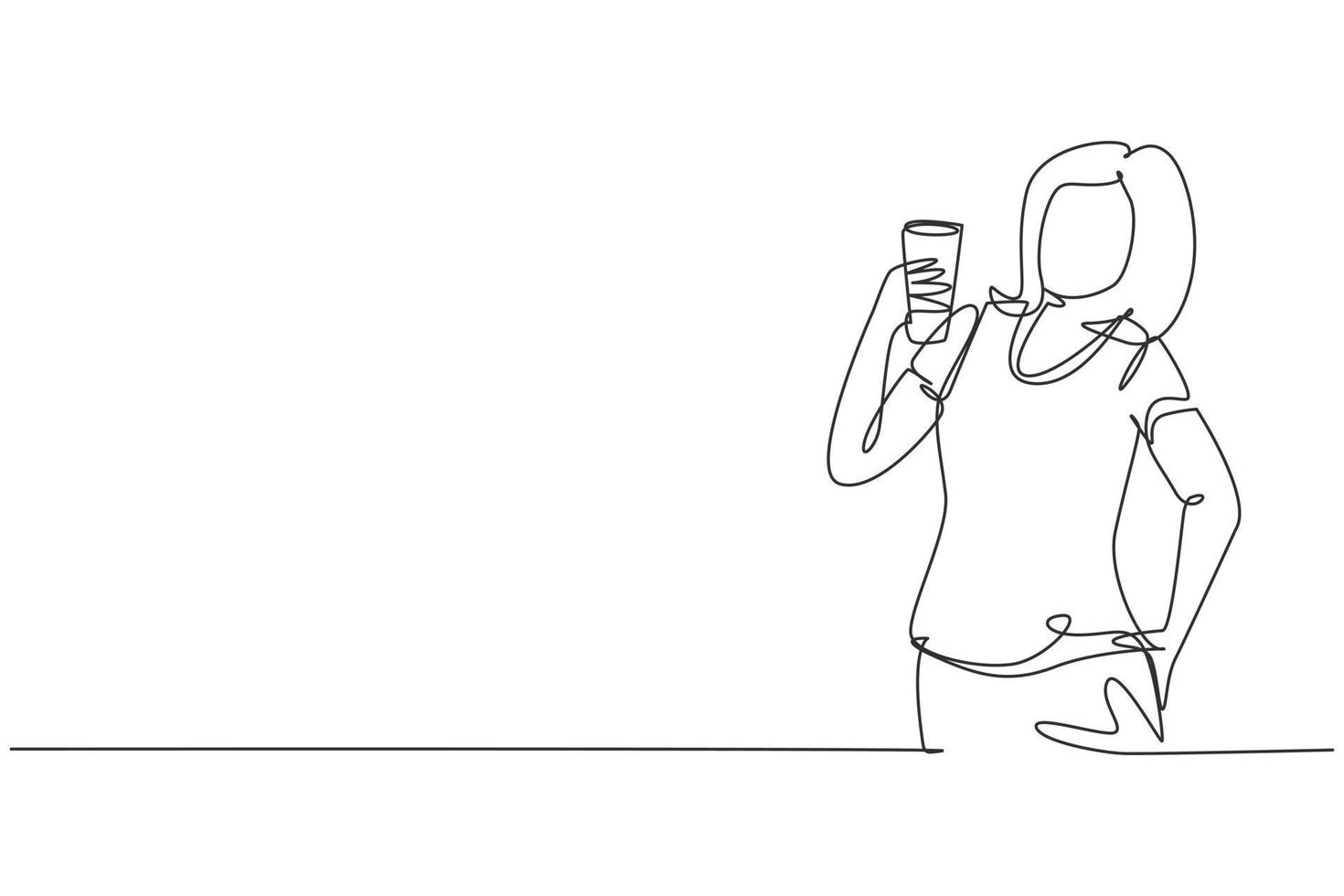 dibujo de línea continua única retrato de mujer hermosa joven feliz sosteniendo un vaso de jugo de naranja. hazla refrescante en la temporada de verano. Ilustración de vector de diseño gráfico de dibujo de una línea dinámica