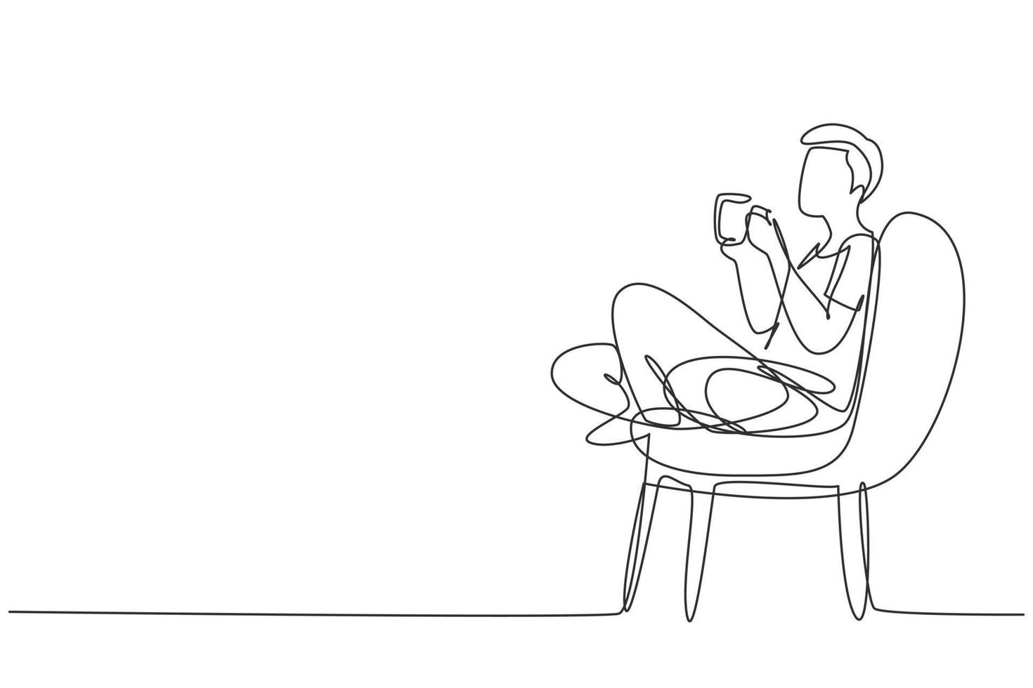 Single continuous line drawing tea time. Relaxed handsome boy sitting in modern chair, enjoying hot coffee in front of window, side view, free space. One line draw graphic design vector illustration