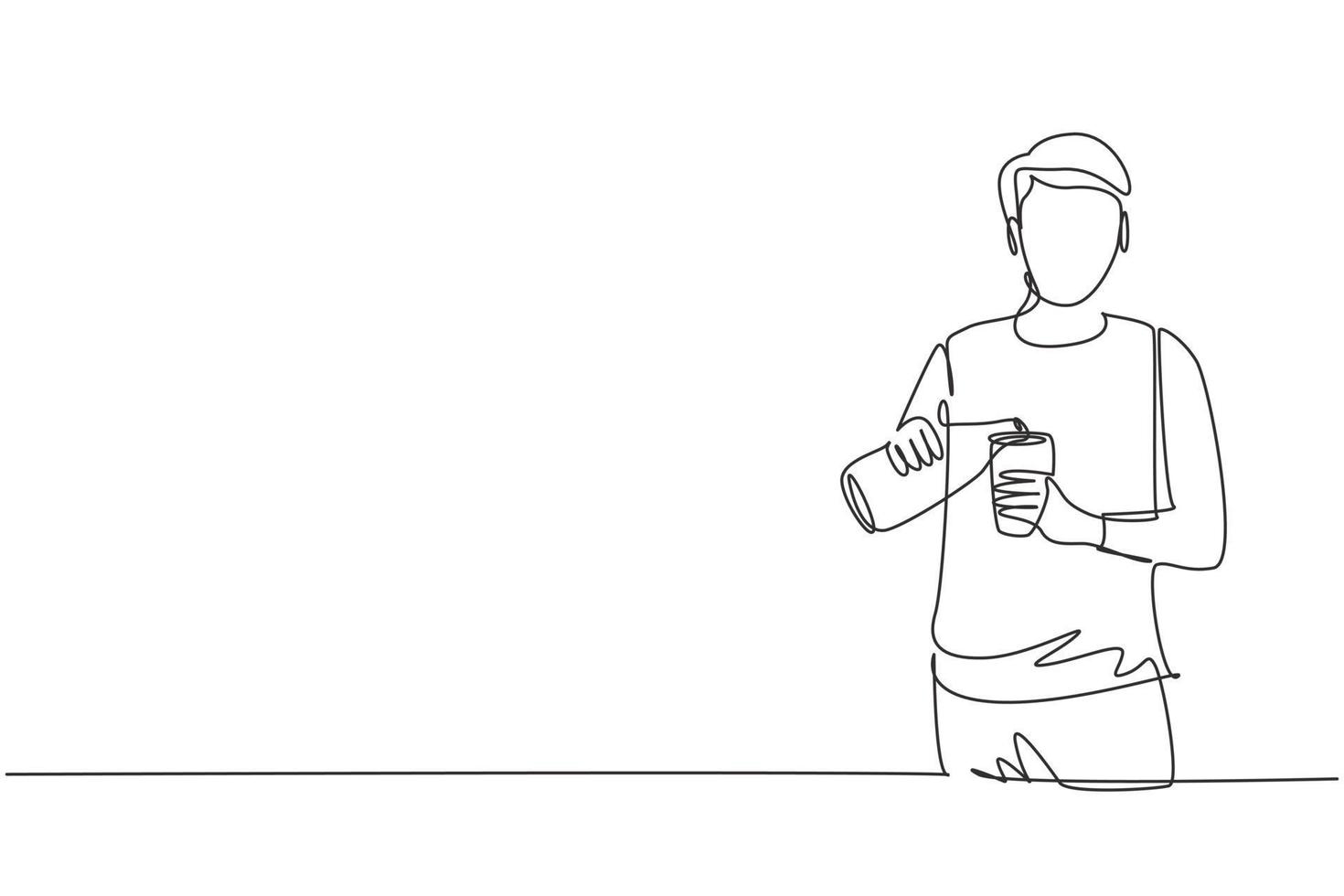 Single continuous line drawing handsome male pouring orange juice into glass from bottle while having breakfast at home. Healthy lifestyle concept. One line draw graphic design vector illustration