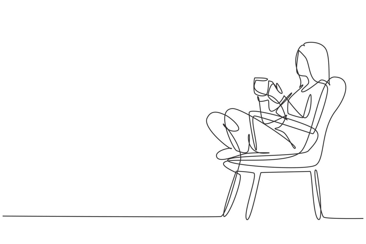 Continuous one line drawing tea time. Relaxed beautiful girl sitting in modern chair, enjoying hot coffee in front of window, side view, free space. Single line draw design vector graphic illustration