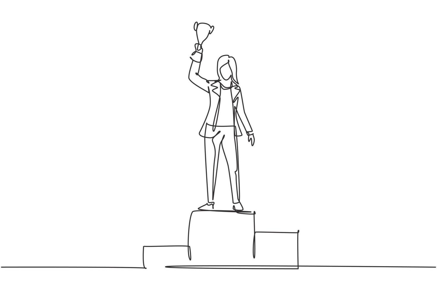 dibujo de línea continua única joven empresaria vistiendo blazer levantando trofeo de oro con una mano en el podio. celebrando el desempeño empresarial. Ilustración de vector de diseño gráfico de dibujo de una línea