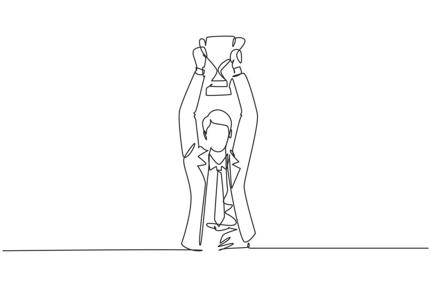 Continuous one line drawing young businessman wearing suit tie holding up golden trophy with both hands. Symbol of achievement business performance. Single line draw design vector graphic illustration