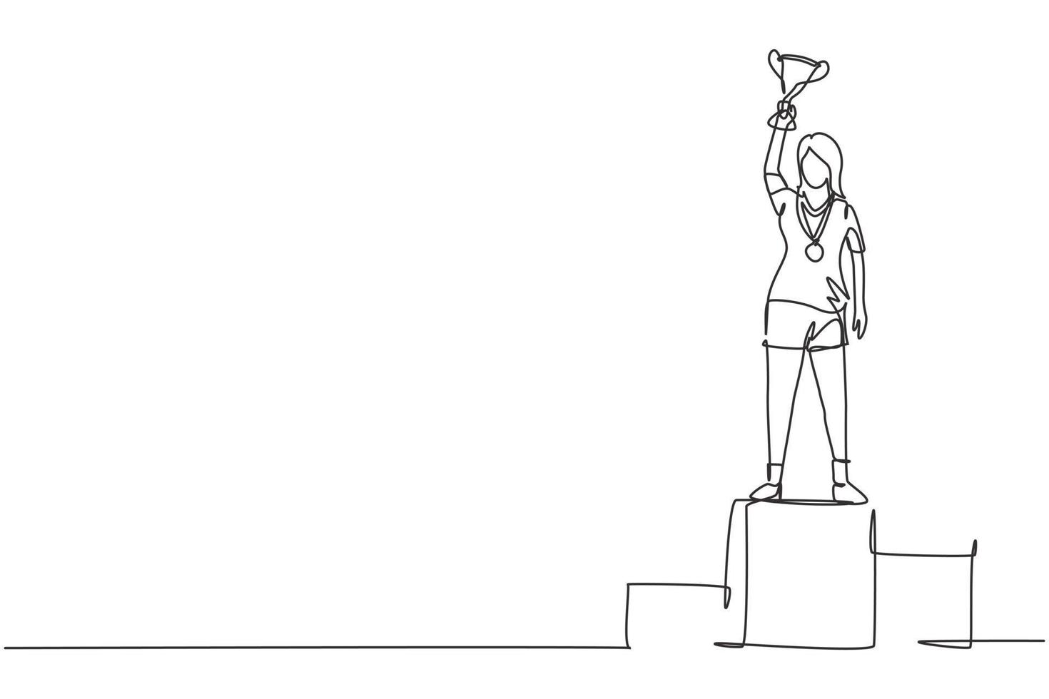 Single one line drawing female athlete wearing sports jersey lifting golden trophy with one hand on podium. Celebrating victory of competition. Continuous line draw design graphic vector illustration