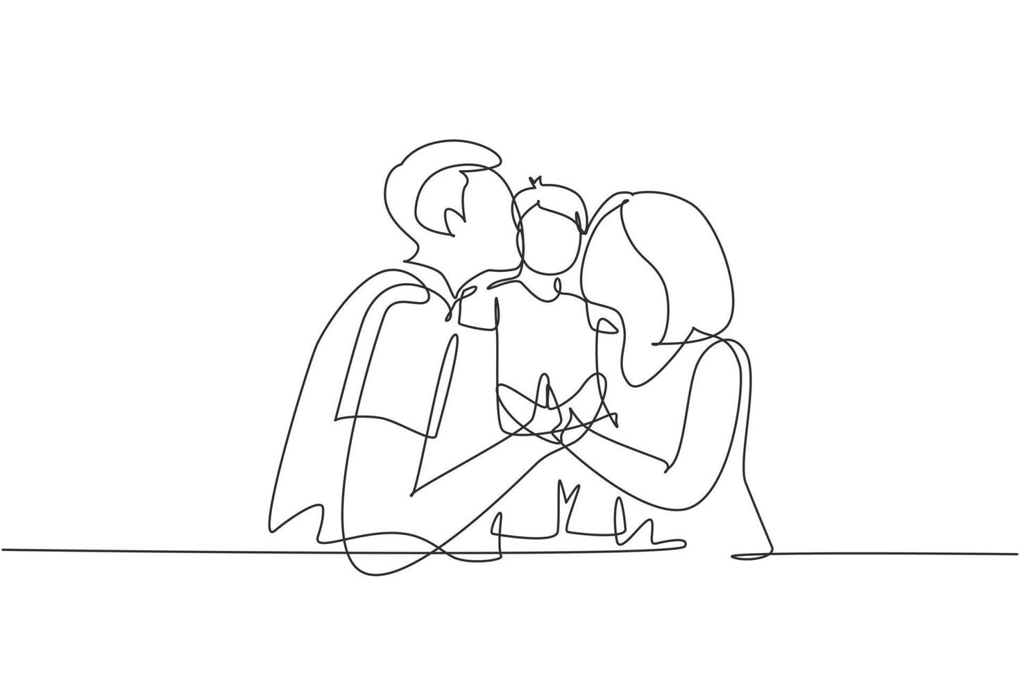 Continuous one line drawing parents kissing their little boy on his cheeks. Adorable child with an innocent expression. National children's day. Single line draw design vector graphic illustration
