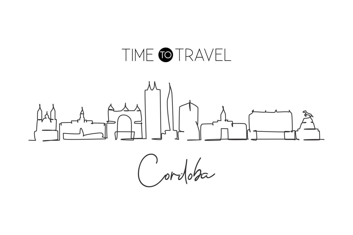 Single one line drawing Cordoba city skyline, Argentina. World historical town landscape. Best holiday destination postcard. Editable stroke trendy continuous line draw design vector illustration