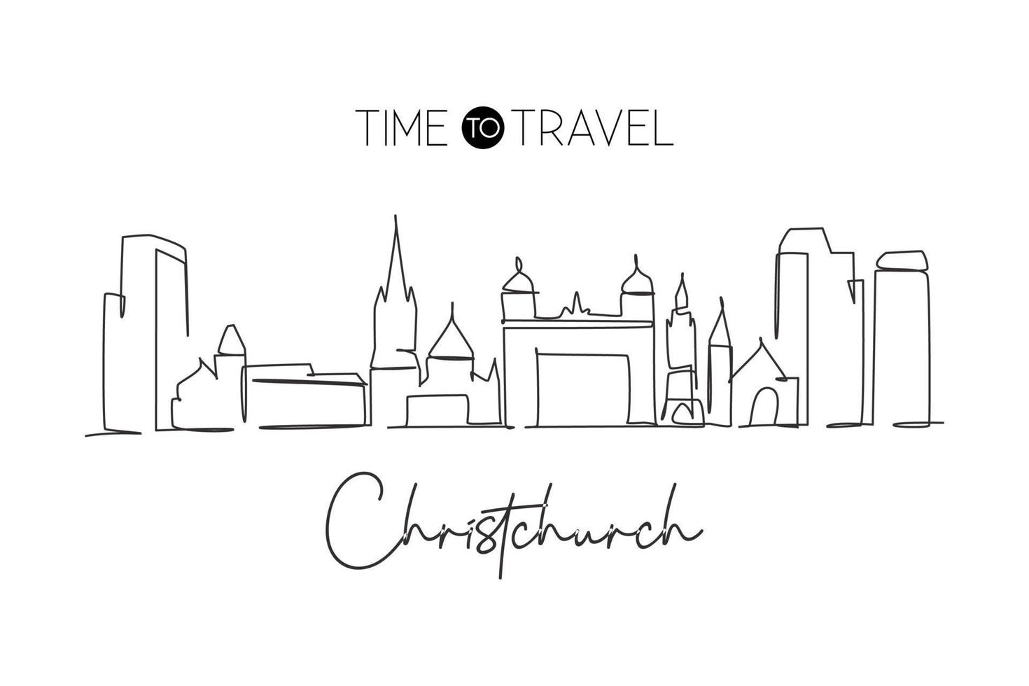 Single one line drawing Christchurch city skyline, New Zealand. World historical town landscape gallery. Best holiday destination postcard print. Trendy continuous line draw design vector illustration