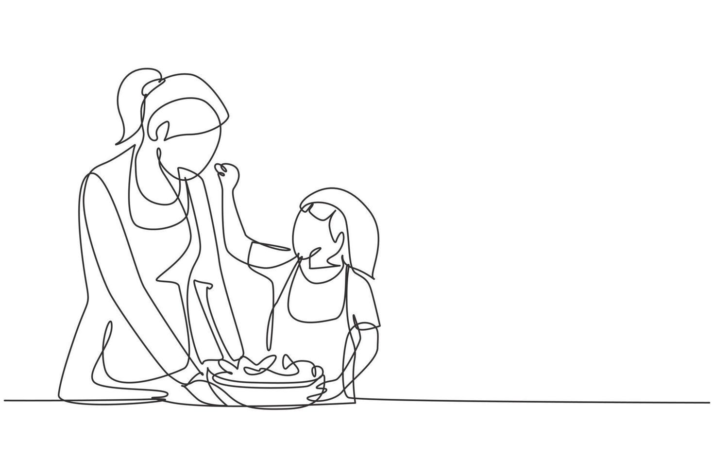 Single one line drawing mother feeds her little daughter food and in front of her is bowl filled with salad. Cooking together in cozy kitchen. Continuous line draw design graphic vector illustration