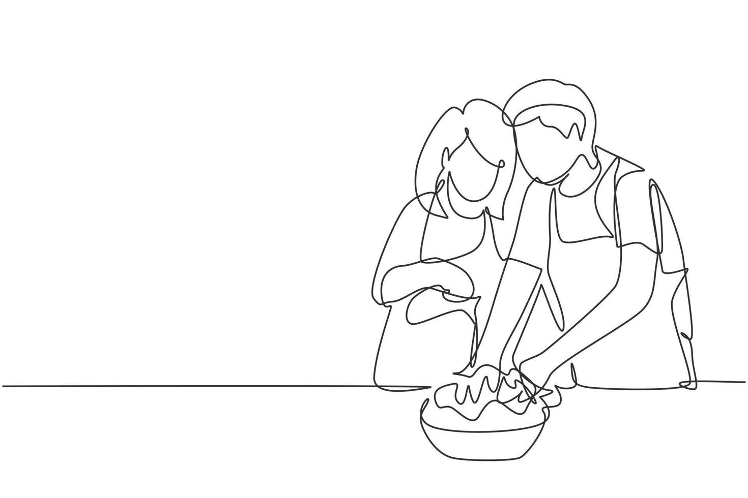 Single continuous line drawing beautiful young wife helping her husband make dough by adding olive oil. Pastry preparation in cozy kitchen at home. One line draw graphic design vector illustration