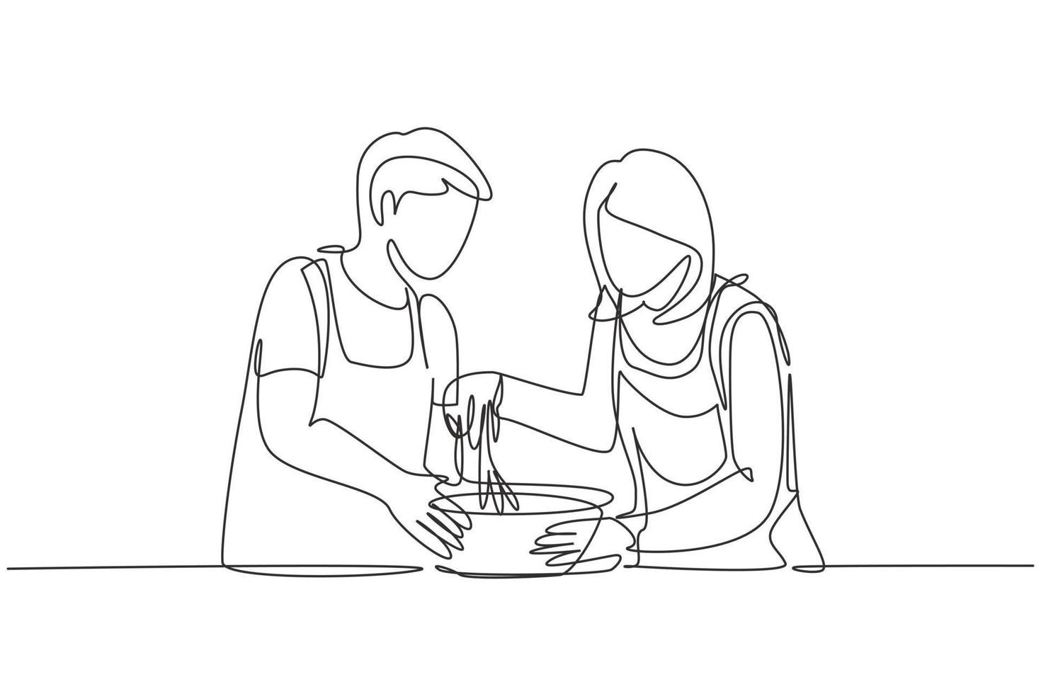 Single continuous line drawing happy romantic couple knead cake dough using manual hand mixer. Enjoying kneading cake dough together at home. Dynamic one line draw graphic design vector illustration