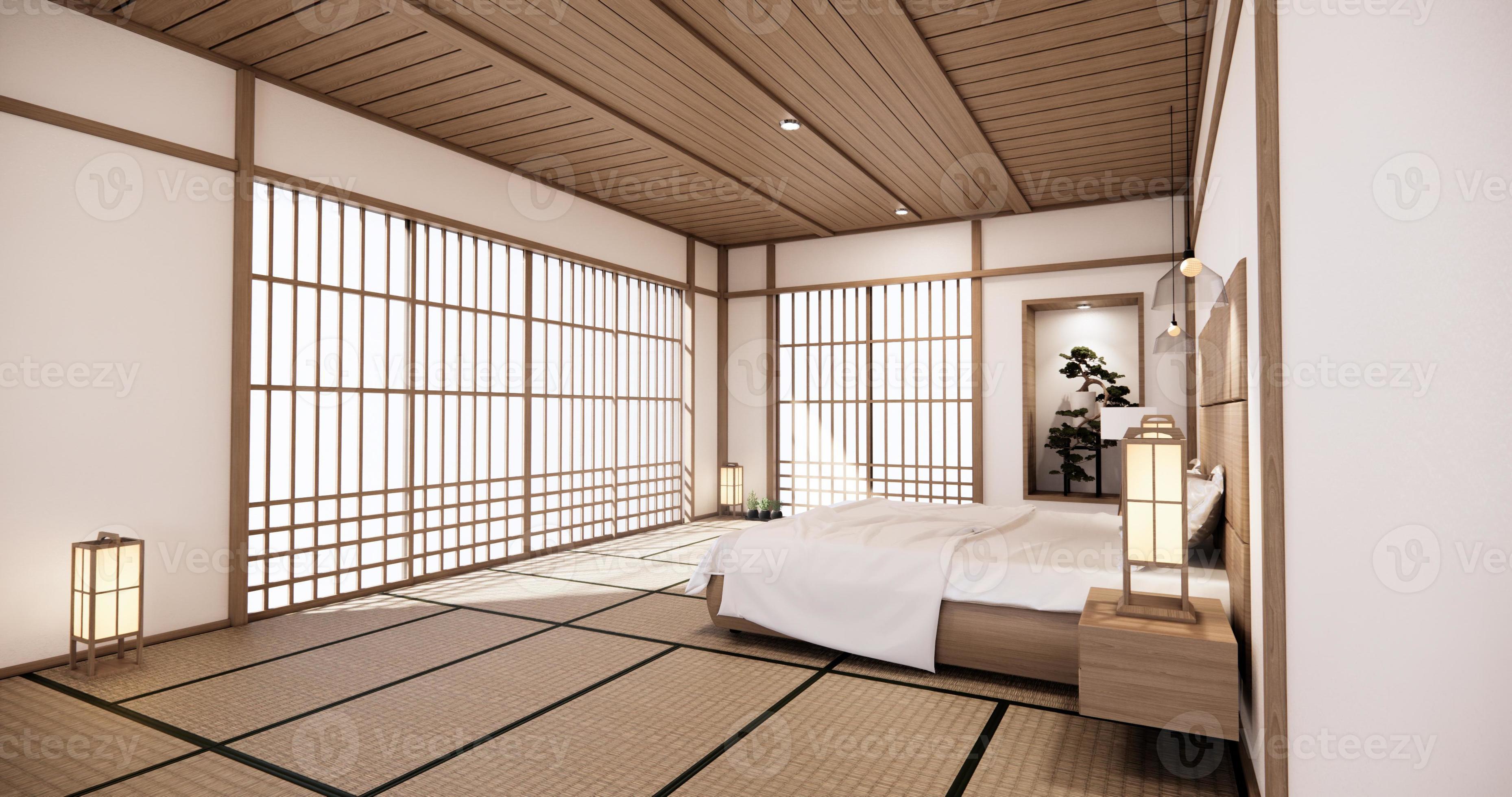 White bed room japanese design on tropical room interior and tatami mat