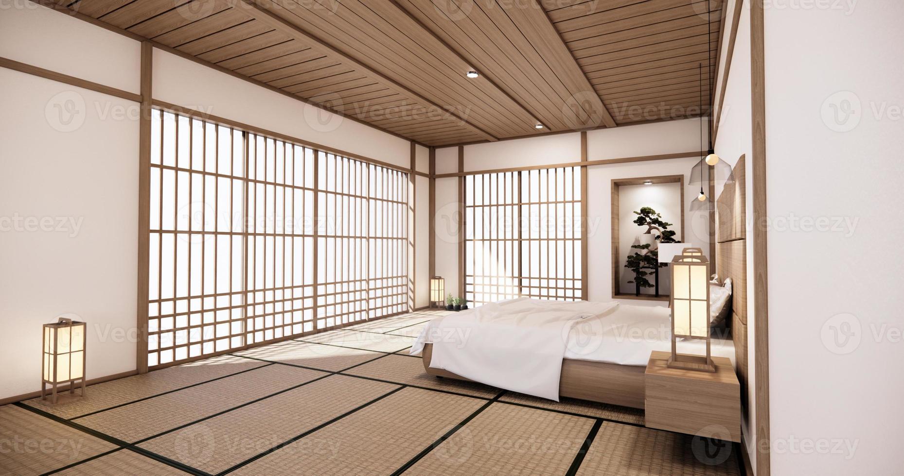 Diseño japonés de la habitación de la cama blanca en el interior de la habitación tropical y el suelo de la estera de tatami. Representación 3d foto