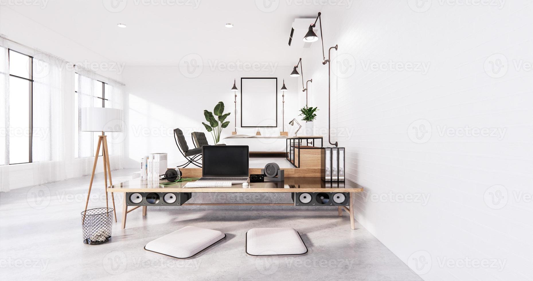 Bedroom interior loft style with Computer and office tool on desk. 3D rendering photo