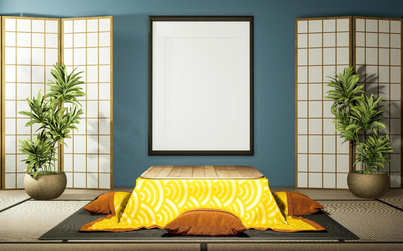Japanese partition paper wooden design and kotatsu low table on mint living room tatami floor.3D rendering photo