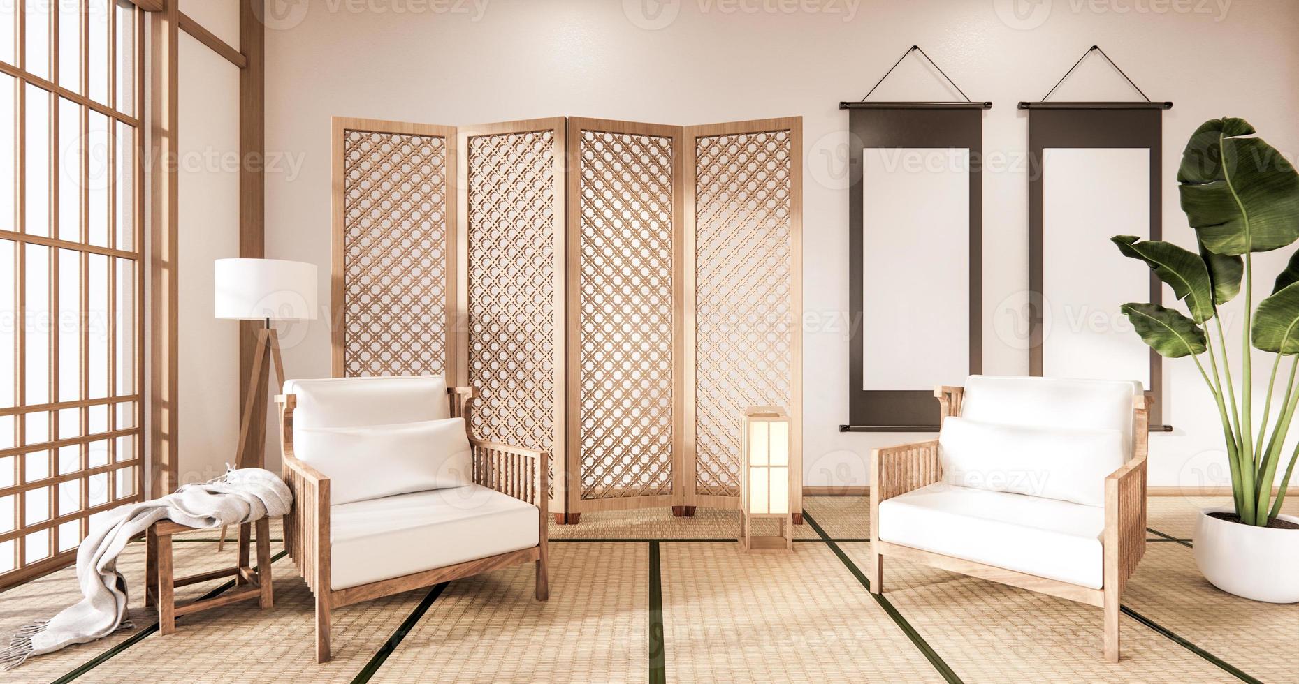 Wooden Arm chair and partition japanese on room tropical interior with tatami mat floor and white wall.3D rendering photo