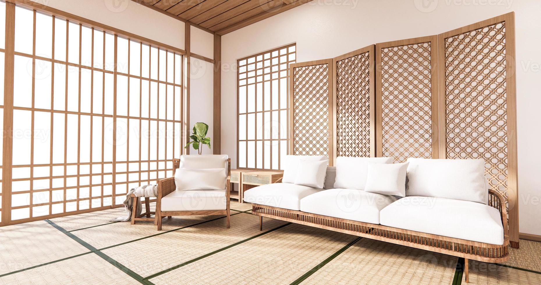 Sofá y tabique japonés en el interior tropical de la habitación con piso de tatami y pared blanca. Representación 3D foto