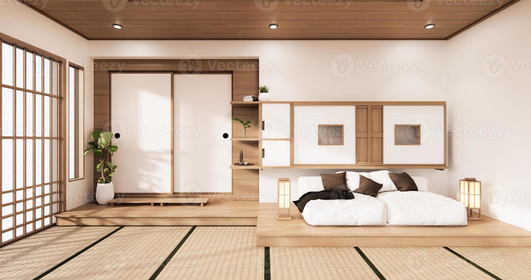 sofá blanco japonés en la habitación Japón diseño tropical y suelo de tatami representación 3d foto