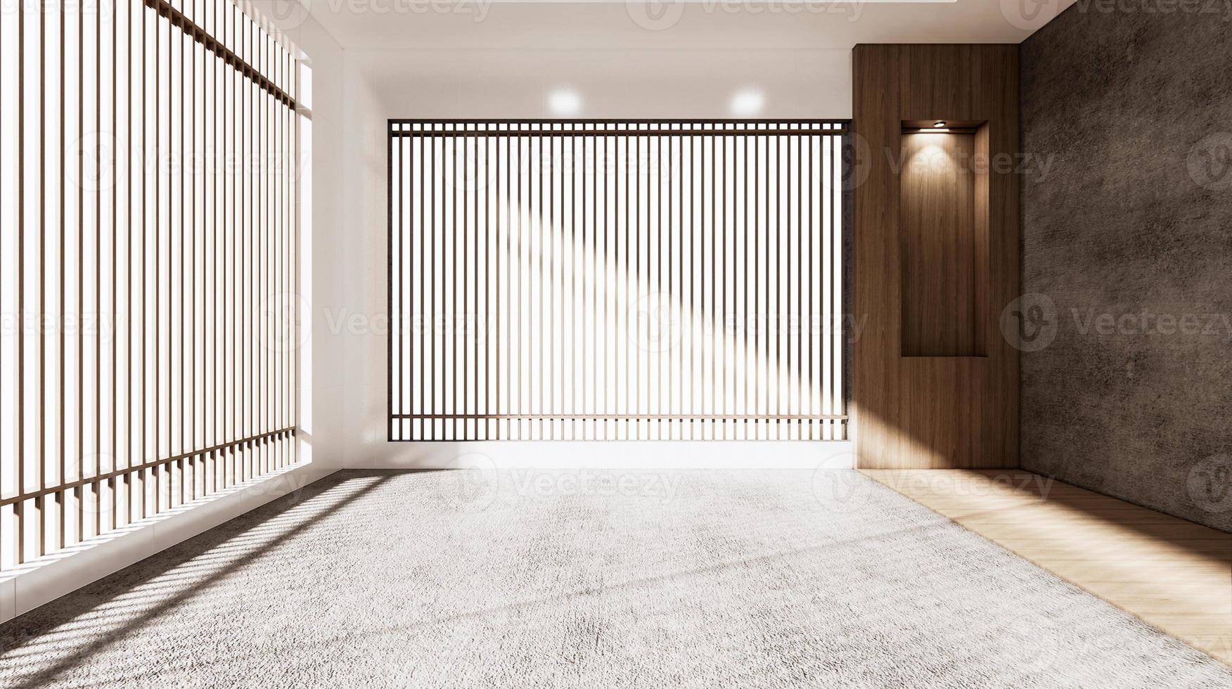 The Empty room japanese style and lamp down light on shelf wall wooden design.3D rendering photo