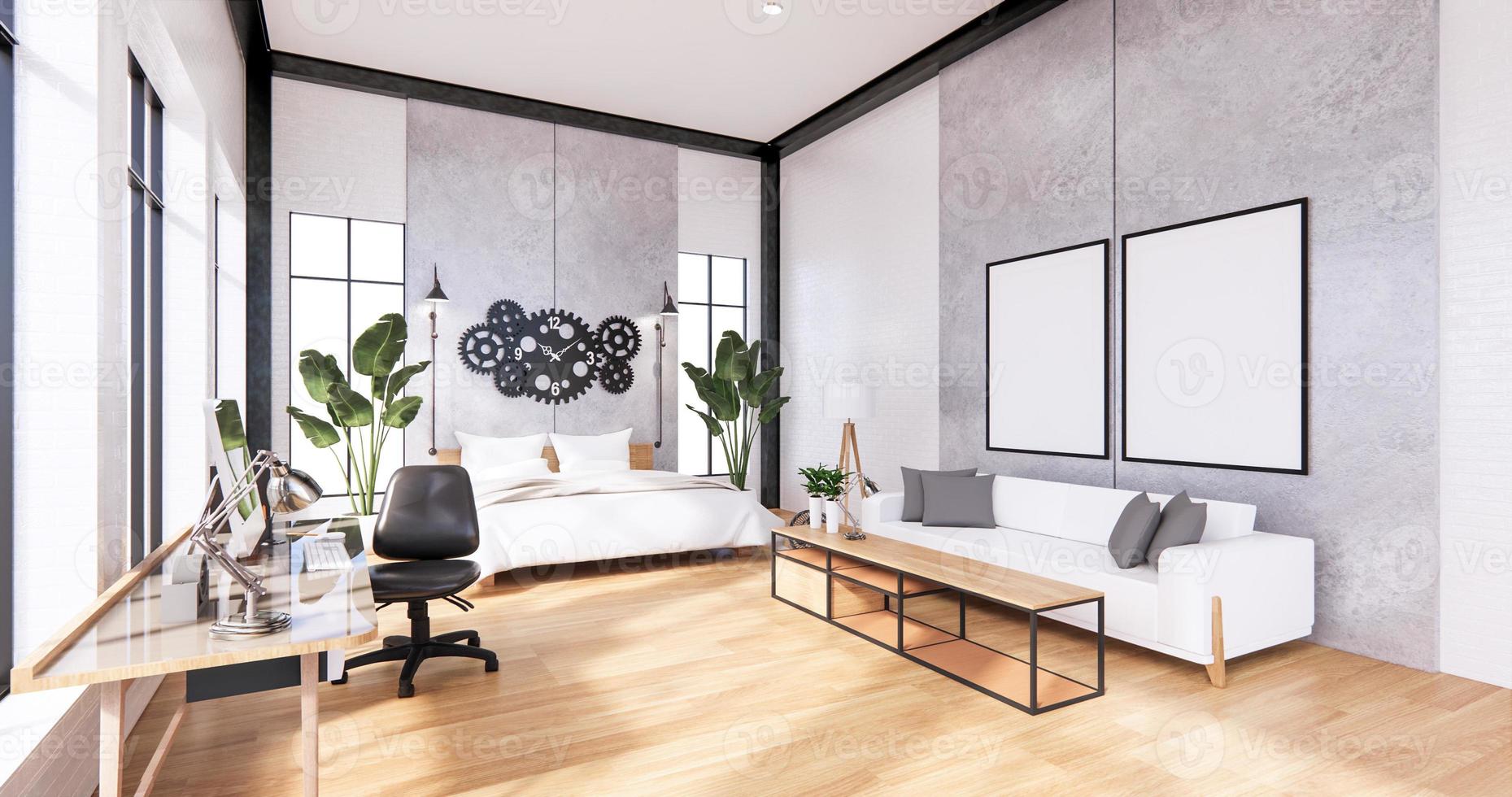 The Loft style Bedroom interior ,Computer, office tool on desk, sofa. 3D rendering photo