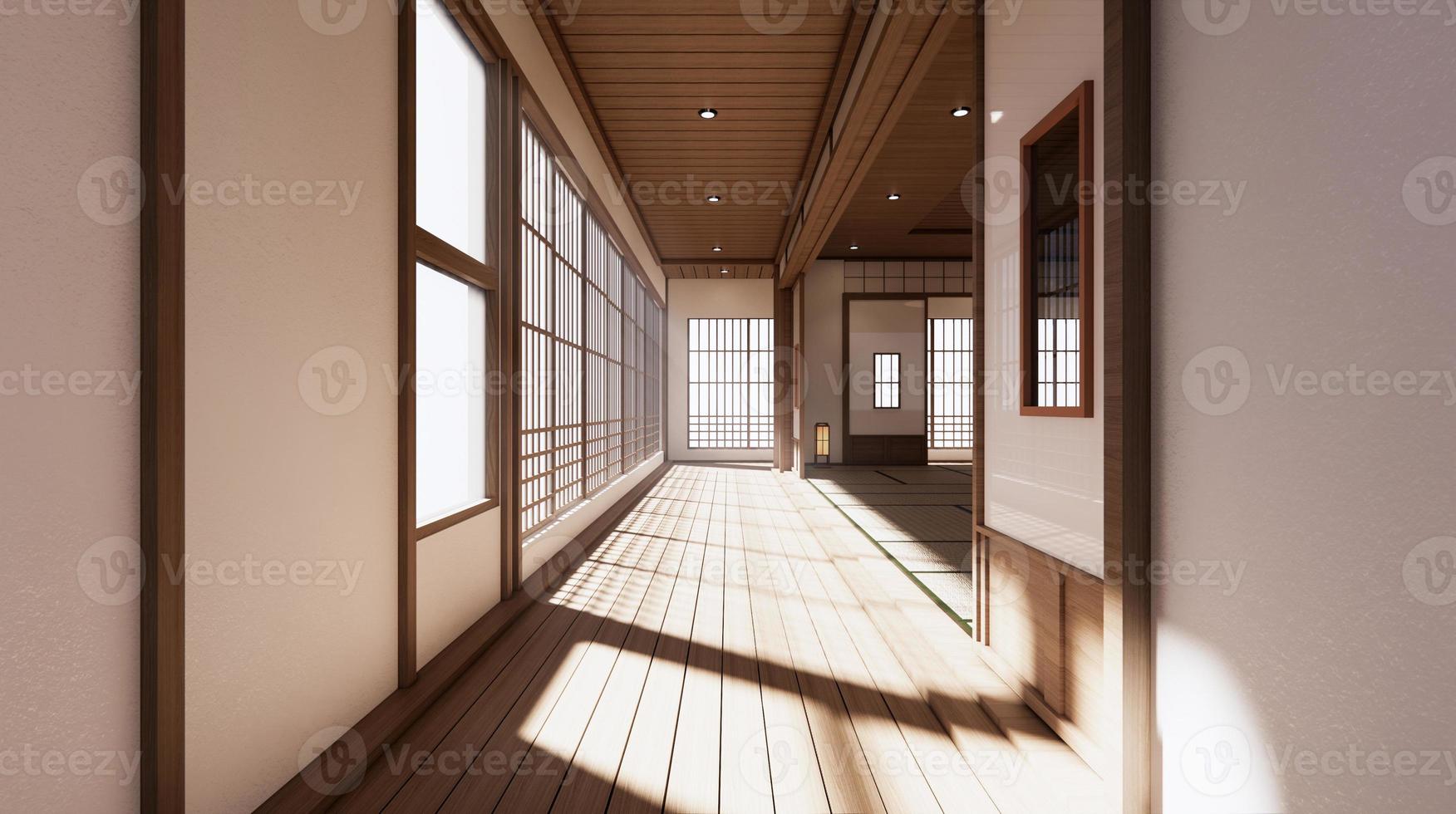 La habitación es espaciosa de diseño de estilo japonés y luminosa en tonos naturales. Representación 3d foto