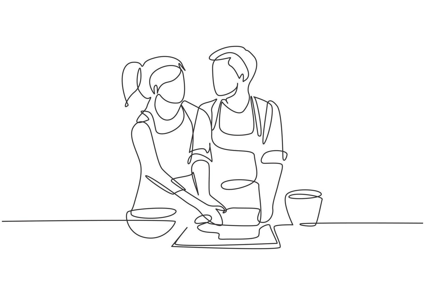 Single continuous line drawing romantic couple looking at each other while rolling soft dough during pastry preparation in cozy kitchen at home. Dynamic one line graphic design vector illustration