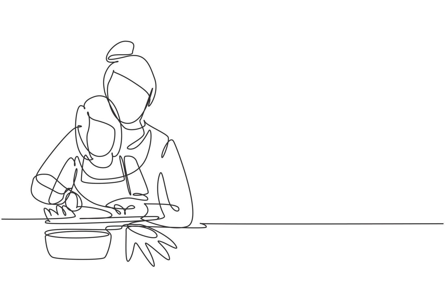 Single continuous line drawing mother teaching her little daughter to cut vegetables and fruit. Healthy food at home. Happy family in kitchen. Dynamic one line draw graphic design vector illustration
