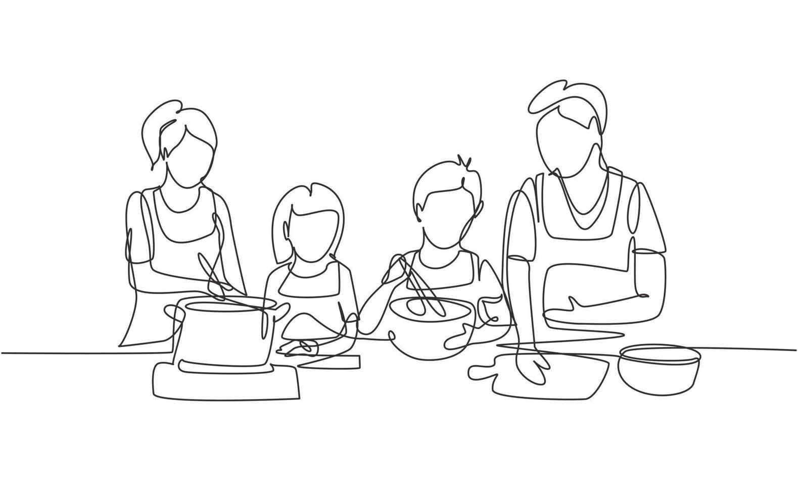 Continuous one line drawing happy family mom, dad, little daughter and son are cooking food in kitchen together, kitchenware, crockery, house, home. Single line draw design vector graphic illustration