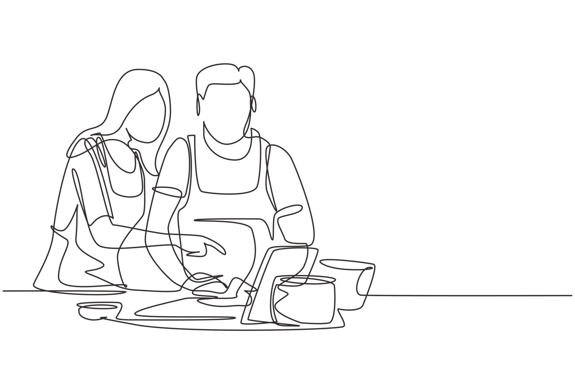 Single one line drawing happy romantic couple cooking together while