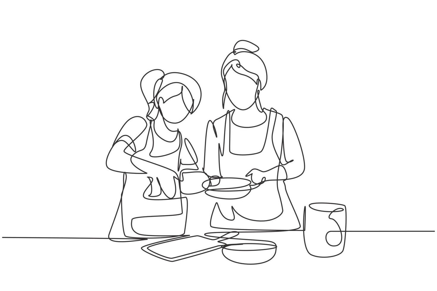 Single one line drawing mother and daughter pour oil into pan which is being held by one of them. Cooking preparation in cozy kitchen at home. Continuous line draw design graphic vector illustration