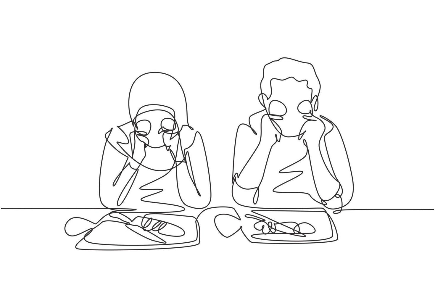 Single one line drawing beautiful Arab wife and her handsome husband are holding slices of cucumber and smiling while cooking in cozy kitchen. Continuous line draw design graphic vector illustration