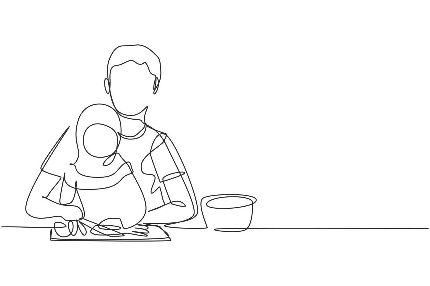 Continuous one line drawing Arabian father teaching his little daughter to cut vegetables and fruit. Healthy food at home. Happy family in kitchen. Single line draw design vector graphic illustration