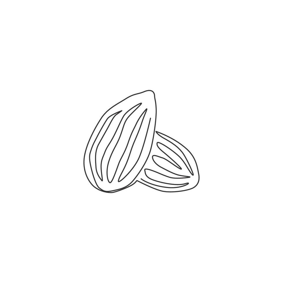 Single continuous line drawing of whole healthy organic almonds group for orchard logo identity. Fresh edible seed concept for fruit icon. Modern one line draw design vector graphic illustration