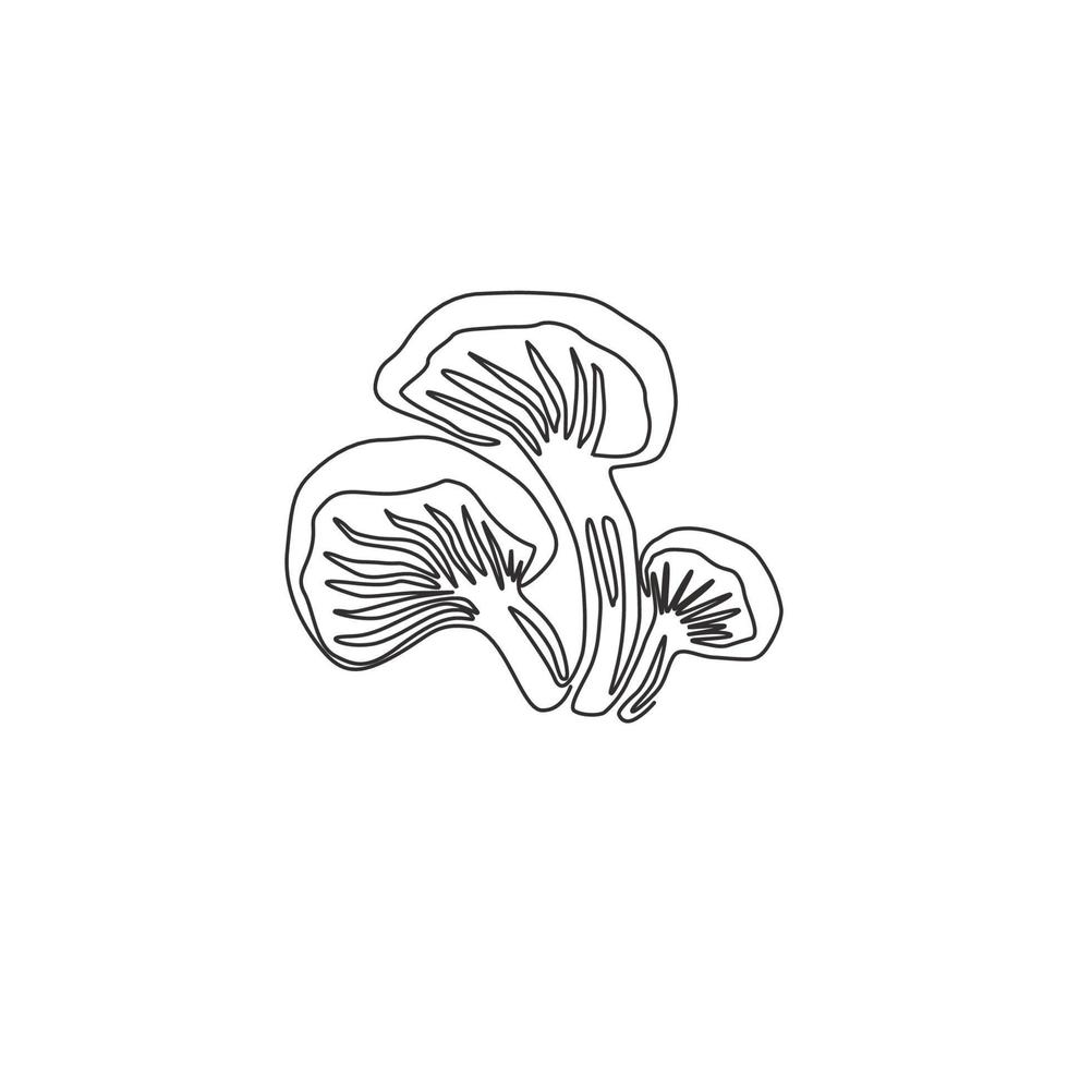 Single continuous line drawing of whole healthy organic mushrooms for farm logo identity. Fresh toadstool concept for vegetable icon. Modern one line graphic draw design vector illustration