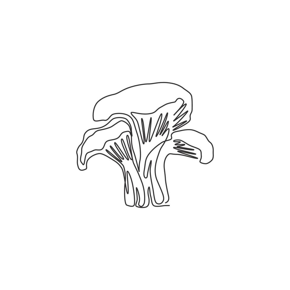 One continuous line drawing of whole healthy organic mushrooms for farm logo identity. Fresh toadstool concept for vegetable icon. Modern single graphic line draw design vector illustration