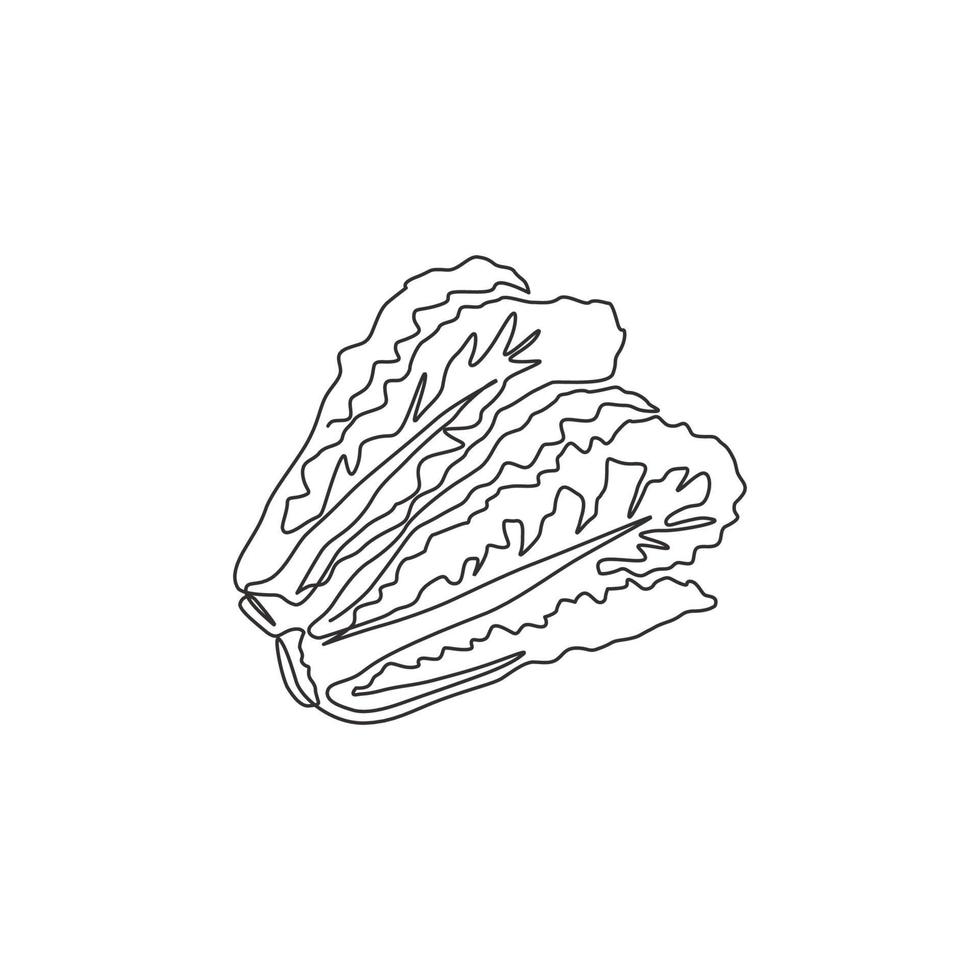 One single line drawing healthy organic green lettuce leaves for farm logo identity. Fresh salad ingredient concept for vegetable icon. Modern continuous line draw design graphic vector illustration