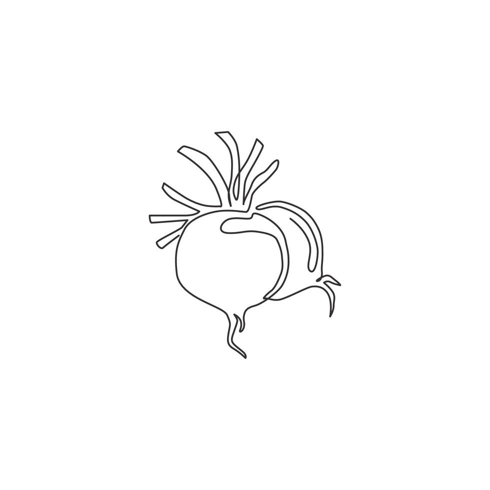 One continuous line drawing of whole healthy organic red radish for plantation logo identity. Fresh veggie concept for edible root vegetable icon. Modern single line draw design vector illustration