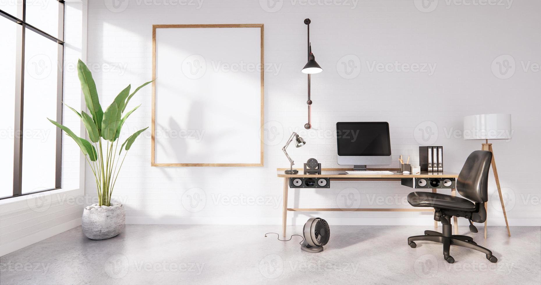 The interior Computer and office tools on mini desk in white concrete floor and white brick wall design. 3D rendering photo