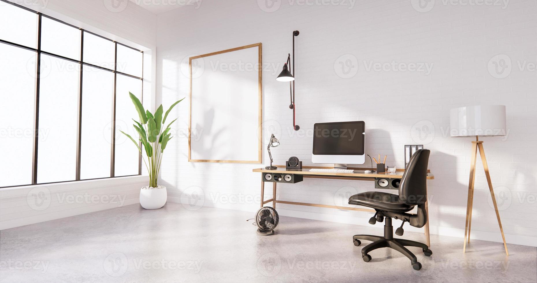 The interior Computer and office tools on mini desk in white concrete floor and white brick wall design. 3D rendering photo