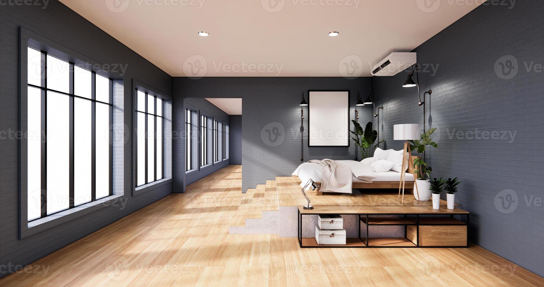 Interior de dormitorio estilo loft con marco en pared de ladrillo azul. Representación 3d foto