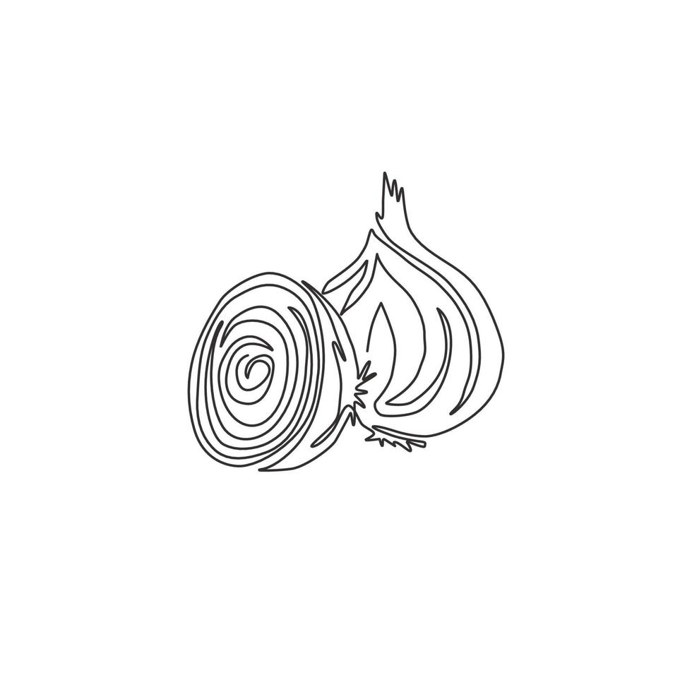 un dibujo de línea continua de cebolla orgánica saludable en rodajas entera para la identidad del logotipo de hierbas. concepto de condimentos cultivados frescos para el icono de vegetales. Ilustración de vector de diseño de dibujo de línea única moderna