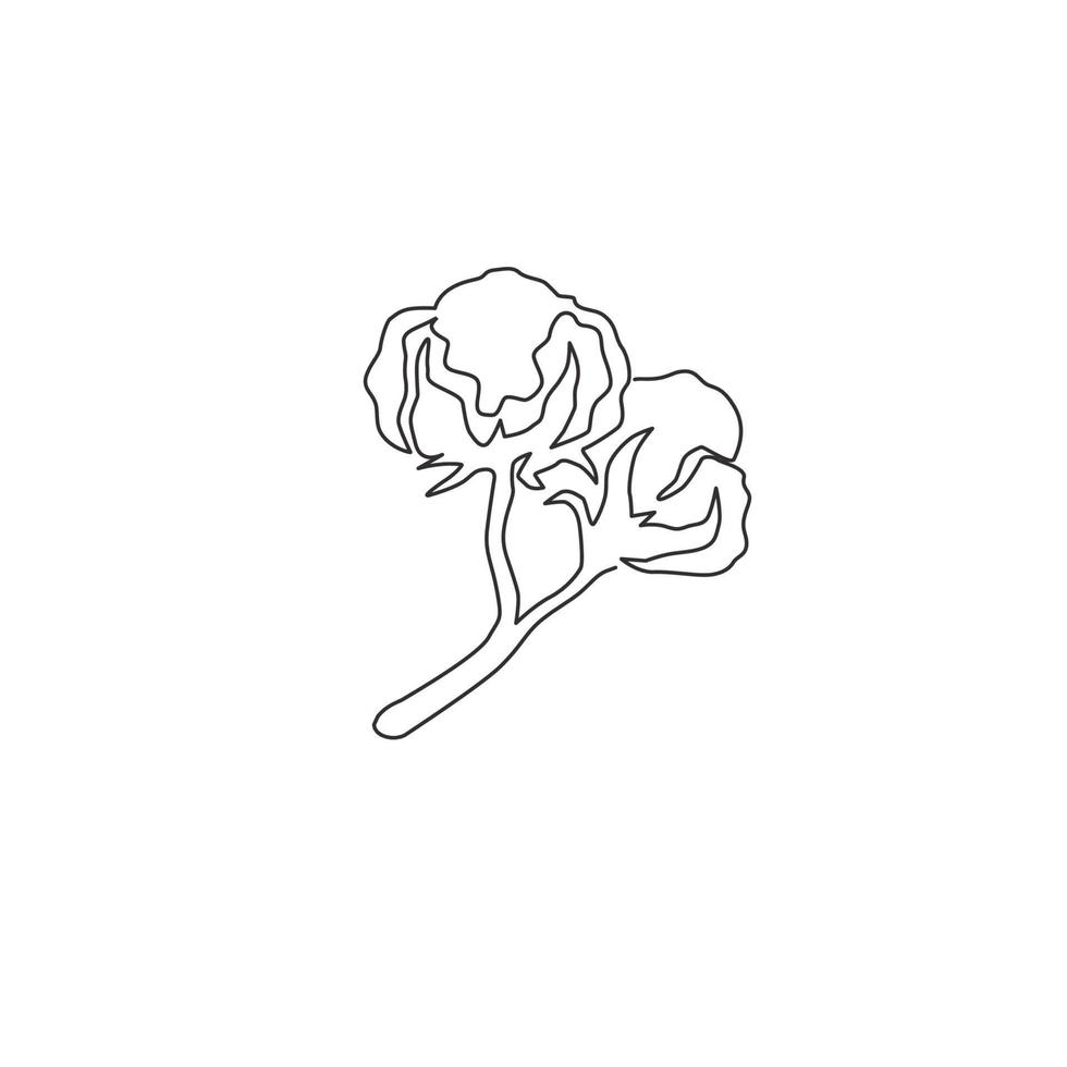 One single line drawing of whole soft and fluffy cotton flower for farming logo identity. Staple fiber flower concept for garden icon. Modern continuous line draw design vector graphic illustration