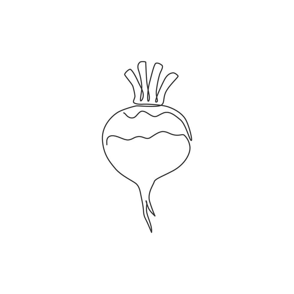 Single continuous line drawing of whole healthy organic white turnip for plantation logo identity. Fresh veggie concept for root vegetable icon. Modern one line draw design vector graphic illustration