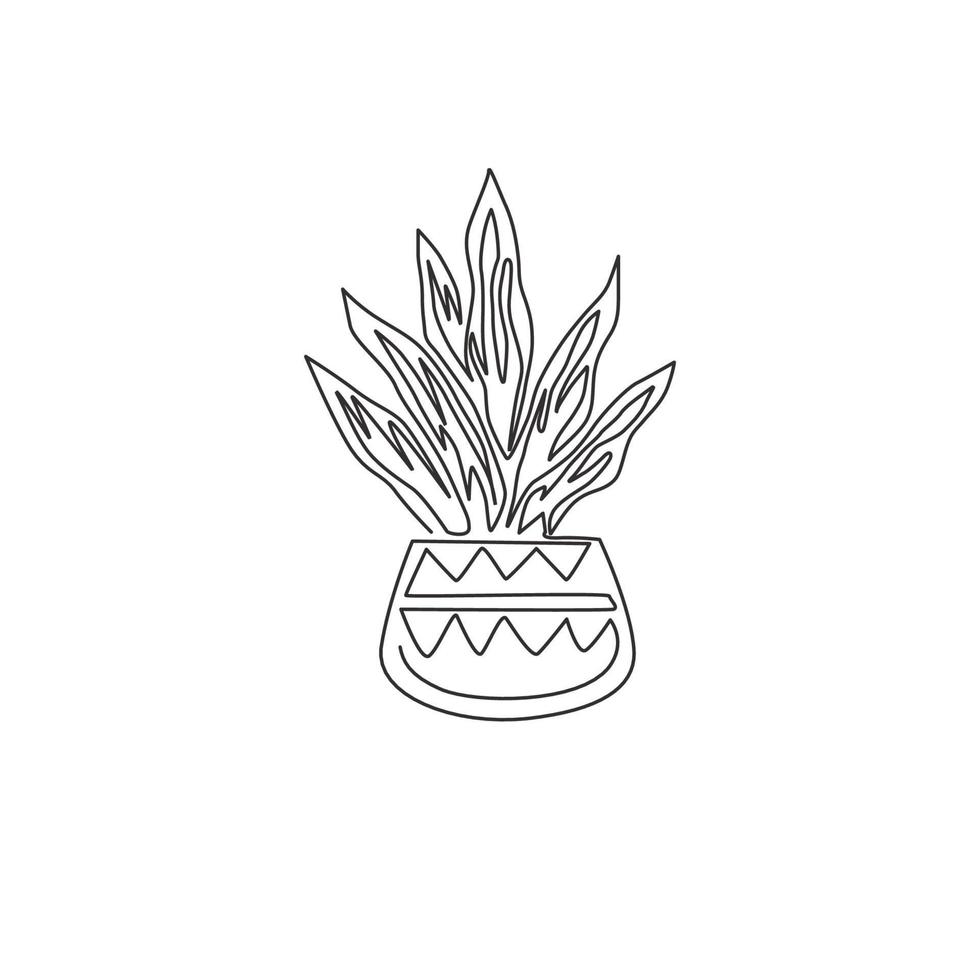 Dibujo de una sola línea continua de una planta de serpiente en maceta para la identidad del logotipo de decoración del hogar. concepto de planta perenne de hoja perenne fresca para icono de planta. Ilustración de vector de diseño de dibujo gráfico de una línea moderna