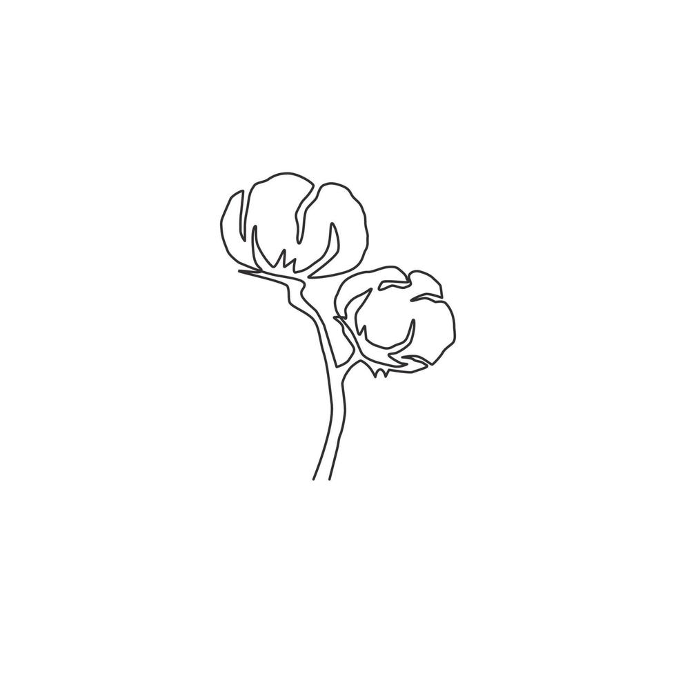 Single continuous line drawing of whole soft and fluffy cotton flower for farming logo identity. Staple fiber flower concept for garden icon. Modern one line draw design graphic vector illustration