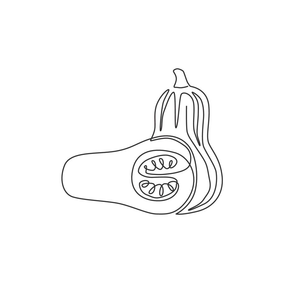 Single continuous line drawing of whole and sliced healthy organic butternut pumpkin for farm logo identity.Winter squash concept for vegetable icon. Modern one line draw design vector illustration