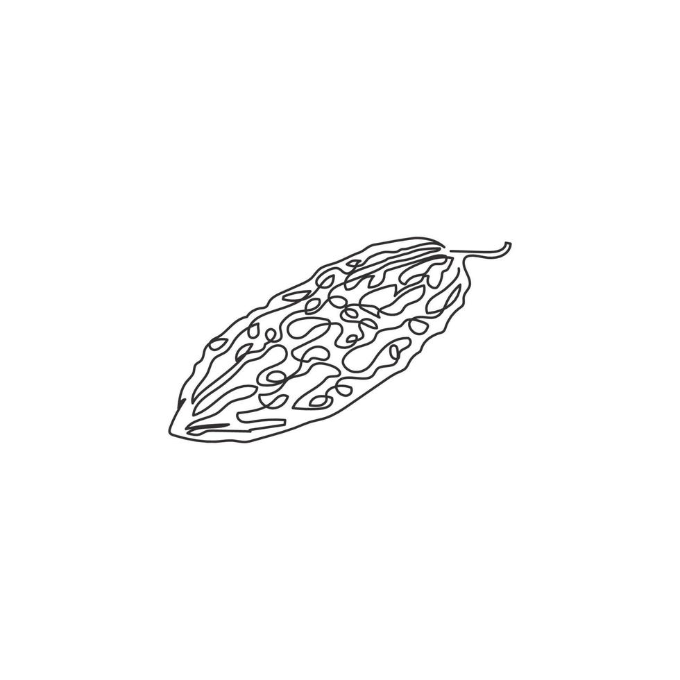 One single line drawing of whole healthy organic bitter gourd for farm logo identity. Fresh bitter melon concept for vegetable icon. Modern continuous line draw design vector graphic illustration