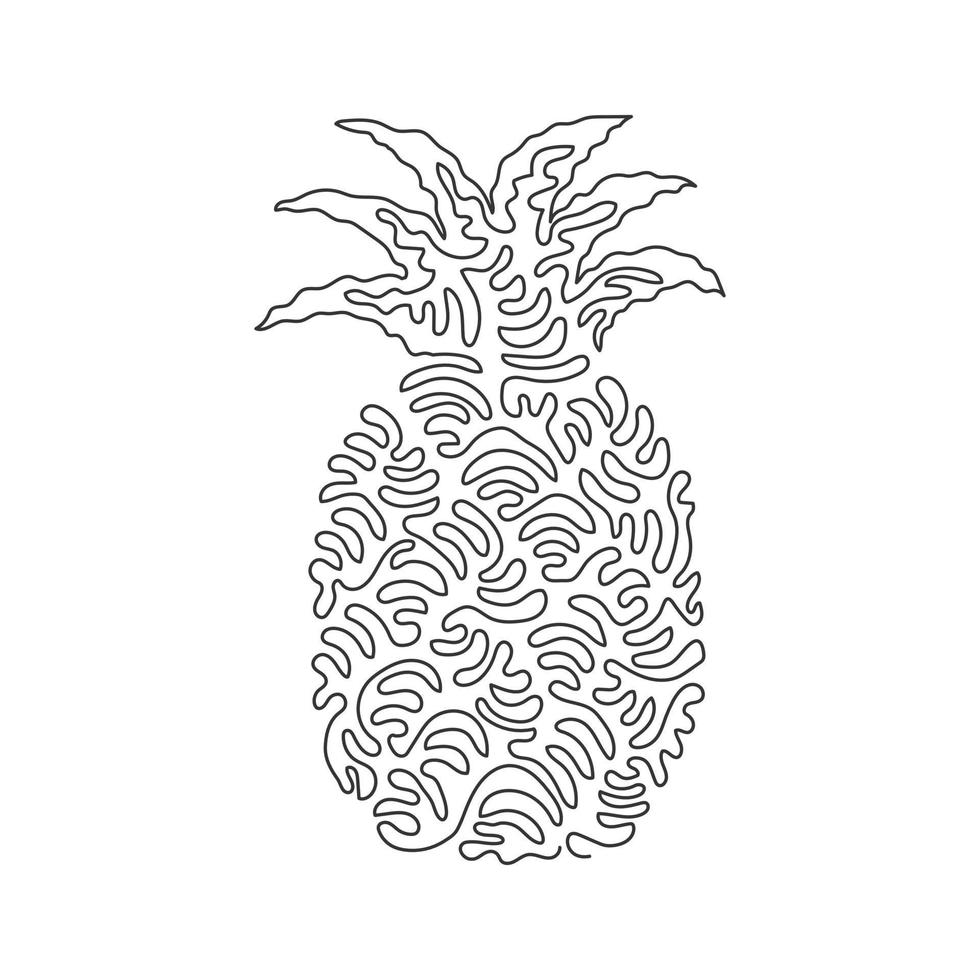 Continuous one line drawing whole healthy pineapple organic for orchard logo. Fresh summer fruitage concept for fruit garden icon. Swirl curl style. Single line draw design graphic vector illustration