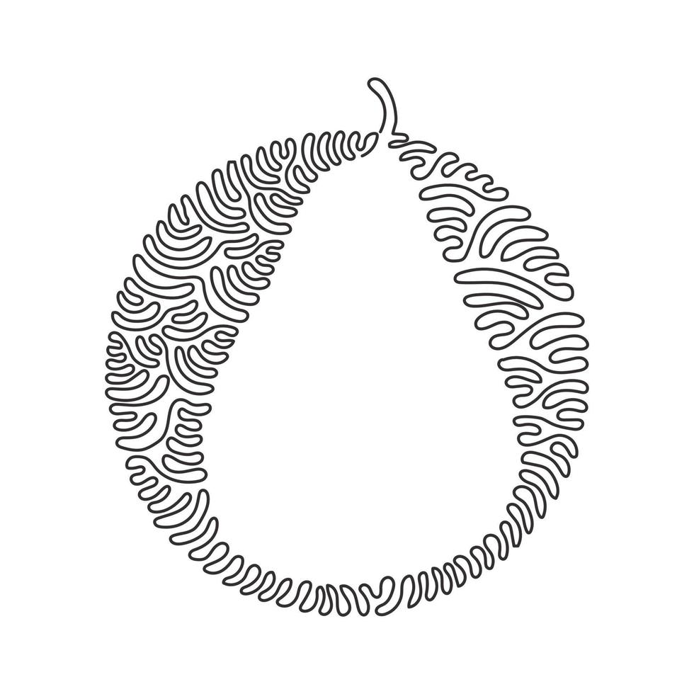 dibujo de una sola línea de pera orgánica sana entera para el logotipo de la huerta. fruitage de verano fresco para el icono de jardín de frutas. estilo del fondo del círculo del rizo del remolino. Ilustración de vector de diseño de dibujo de línea continua