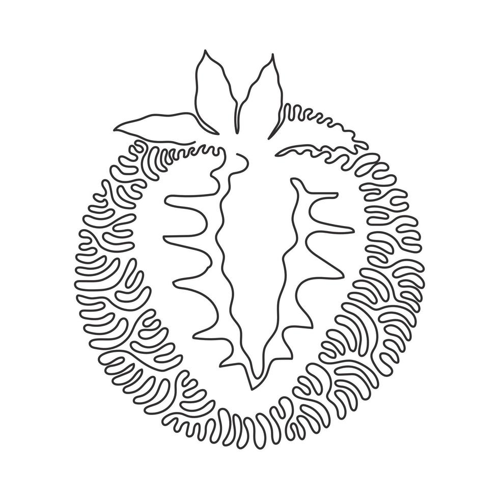 Single one line drawing sliced healthy organic strawberry for orchard logo identity. Fresh berry fruitage for fruit garden icon. Swirl curl circle background style. Continuous line draw design vector