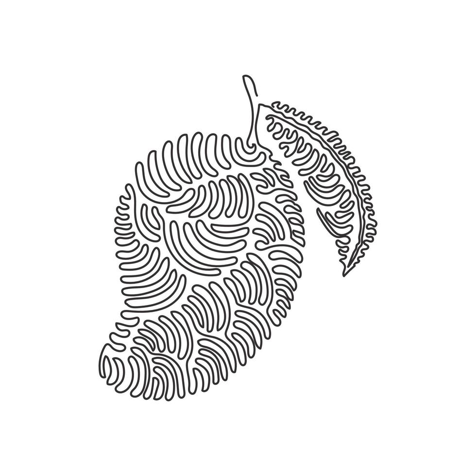 Single one line drawing healthy organic mango for orchard logo identity. Fresh tropical fruitage concept for fruit garden icon. Swirl curl style. Continuous line design graphic vector illustration