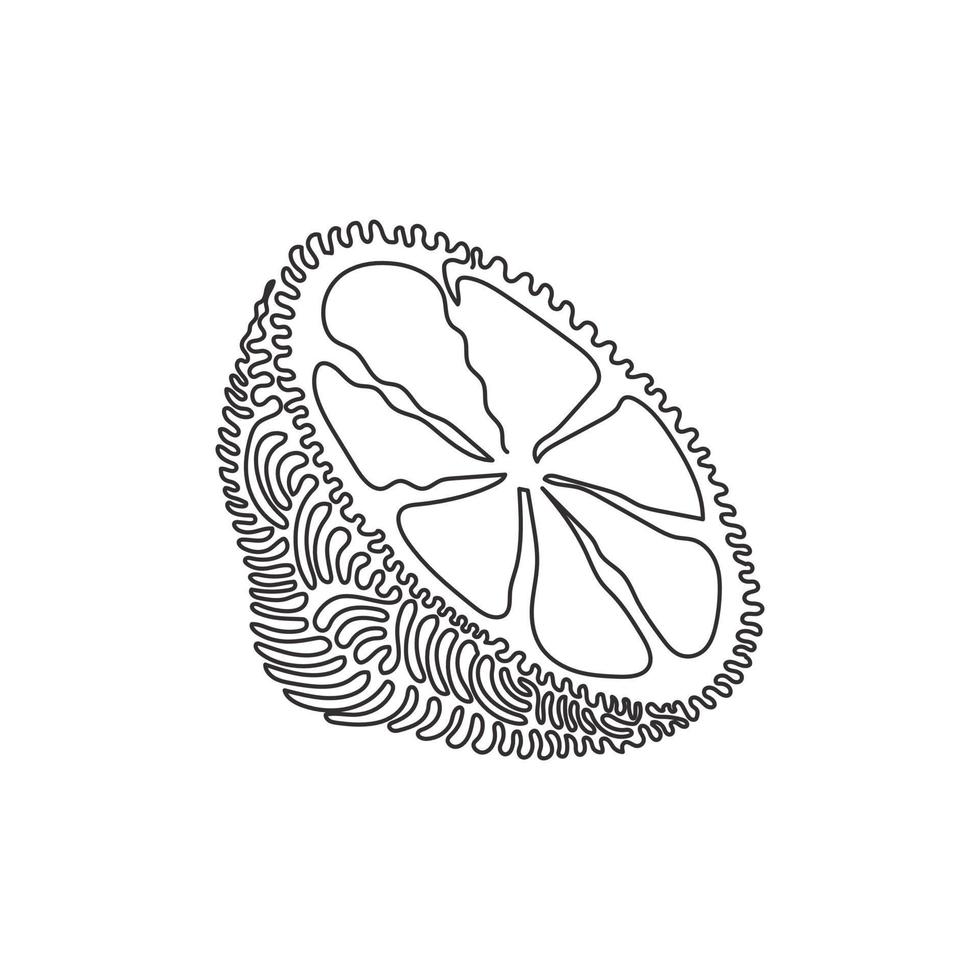 Continuous one line drawing sliced healthy organic lemon for orchard logo identity. Fresh zest fruitage concept for fruit garden icon. Swirl curl style. Single line draw design vector illustration